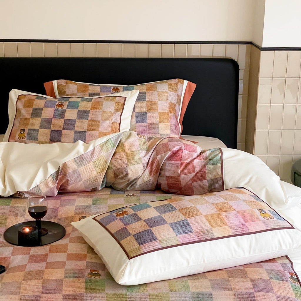Teddy Rainbow Checker Bedding Set