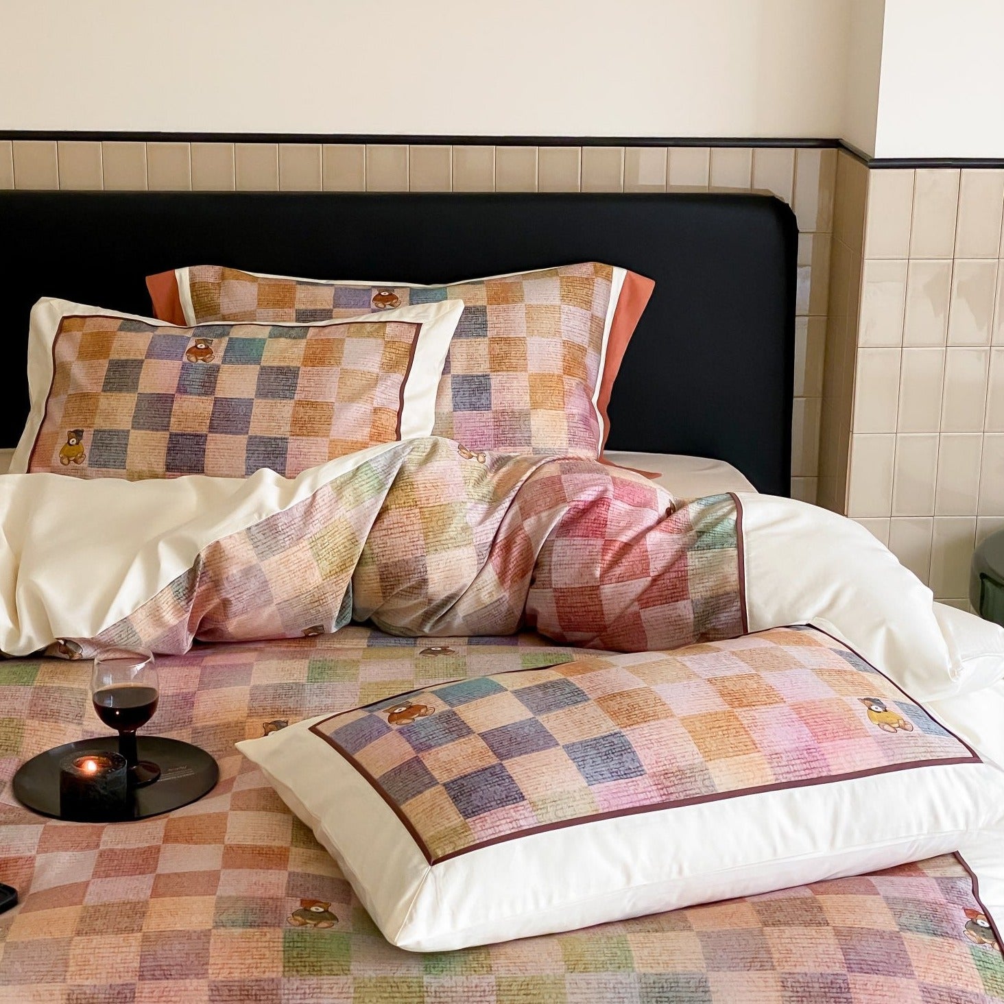 Teddy Rainbow Checker Bedding Set