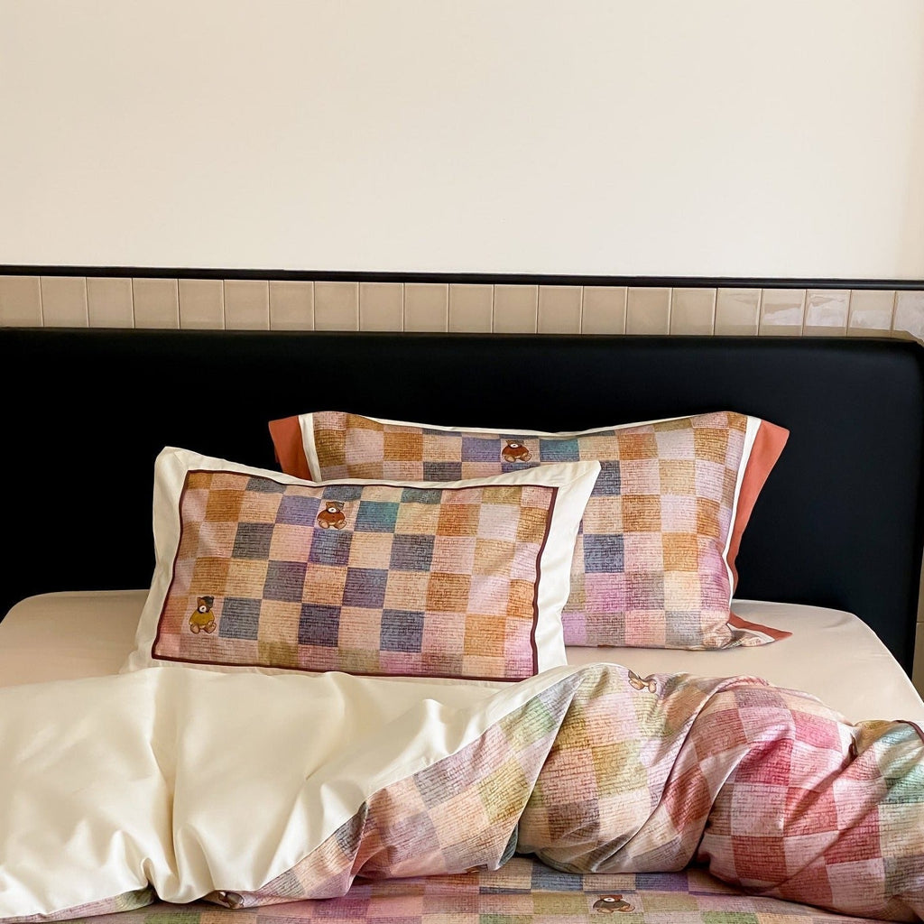 Teddy Rainbow Checker Bedding Set