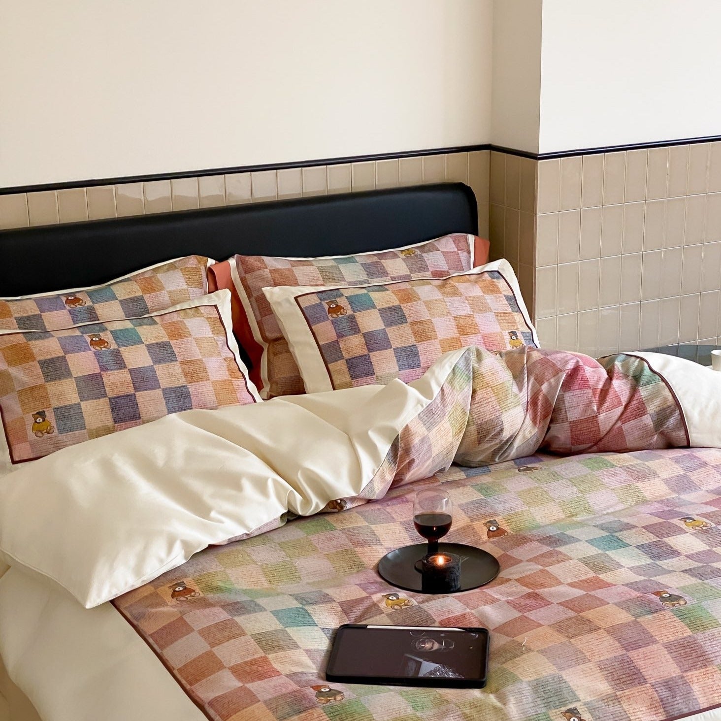 Teddy Rainbow Checker Bedding Set