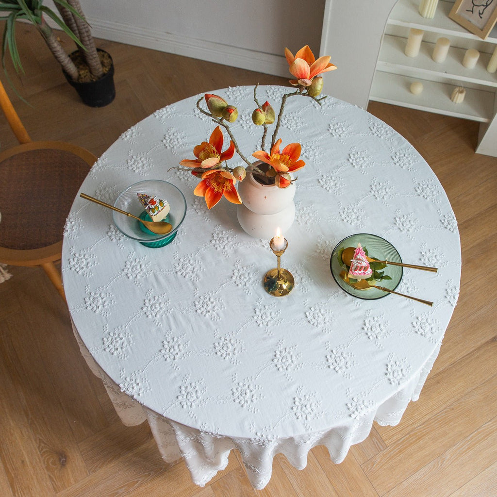 White Blossom Embroidered Lace Table Cloth