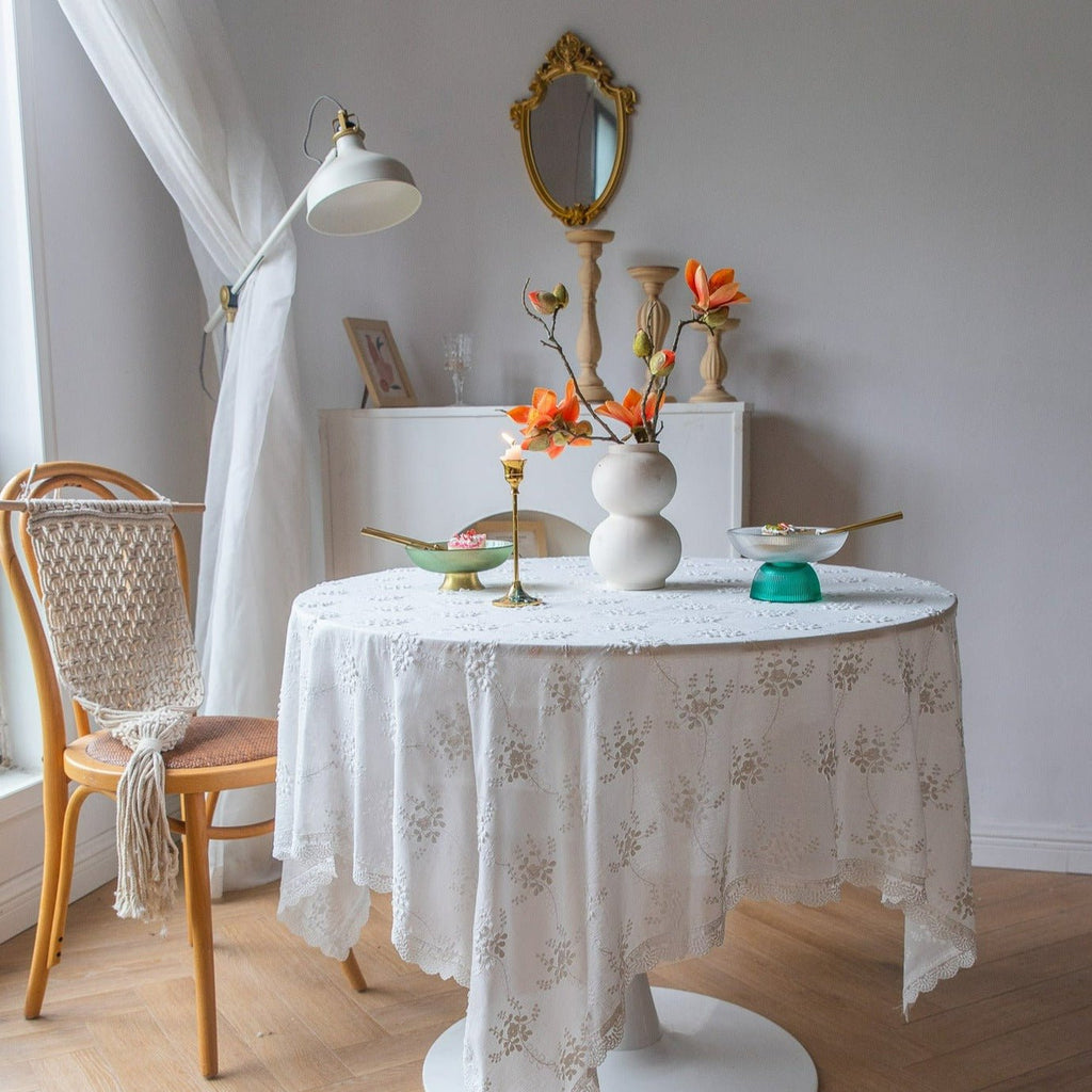 White Blossom Embroidered Lace Table Cloth
