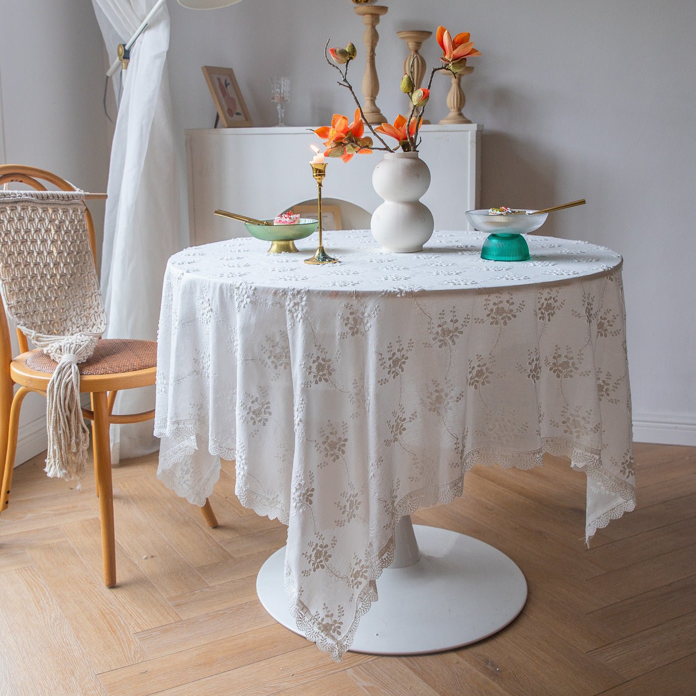 White Blossom Embroidered Lace Table Cloth