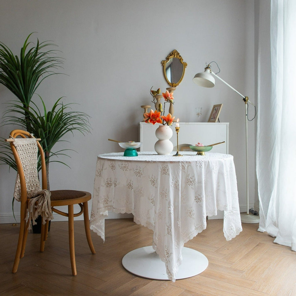 White Blossom Embroidered Lace Table Cloth