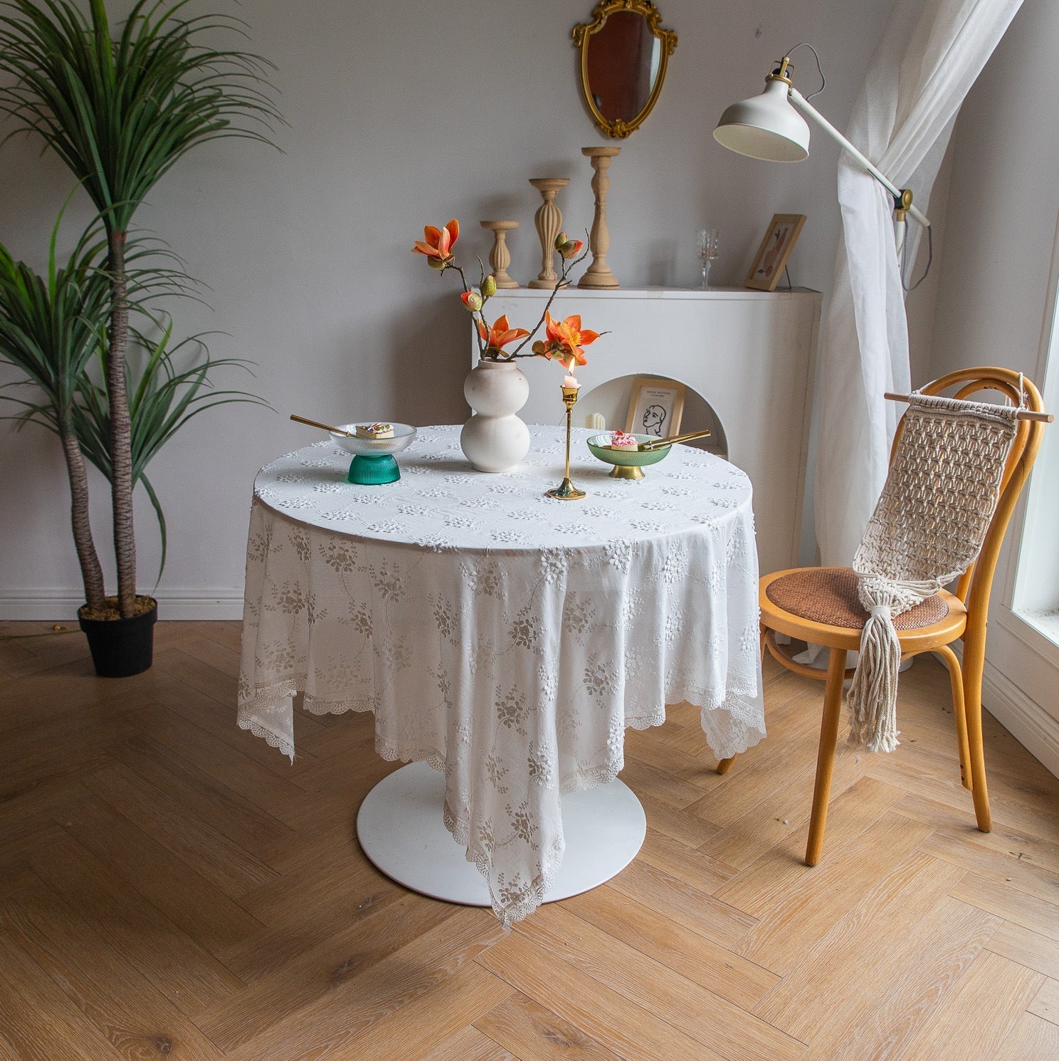 White Blossom Embroidered Lace Table Cloth