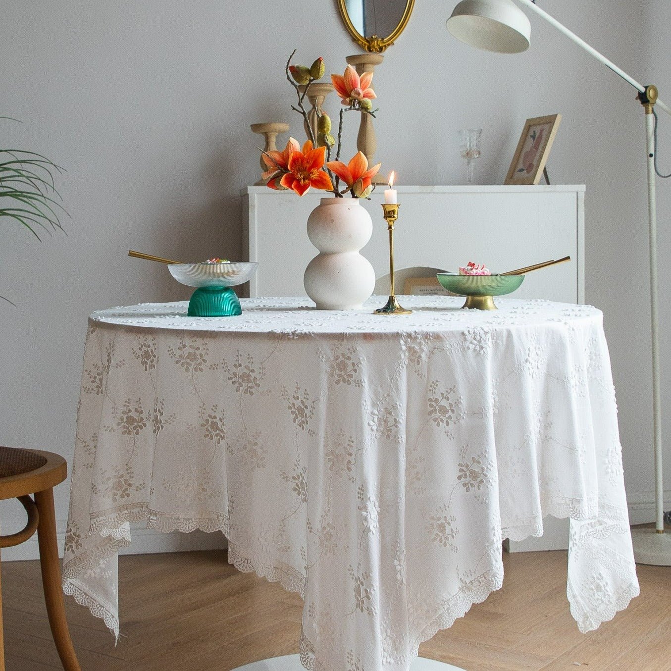 White Blossom Embroidered Lace Table Cloth