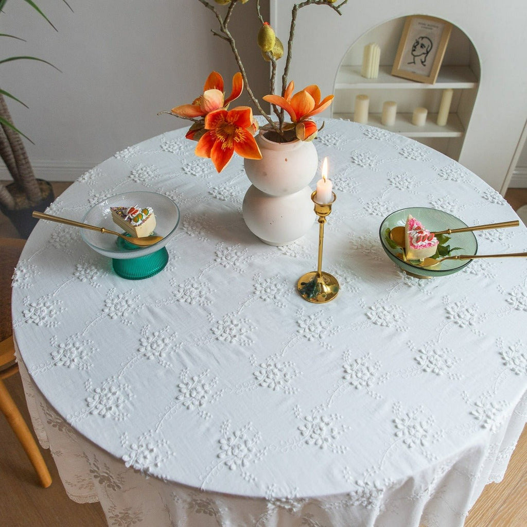 White Blossom Embroidered Lace Table Cloth