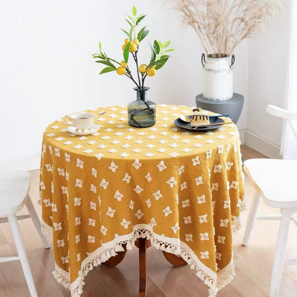 Yellow Diamond Floral Tassel Table Cloth