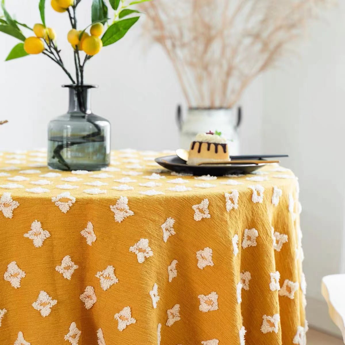 Yellow Diamond Floral Tassel Table Cloth - FINAL SALE