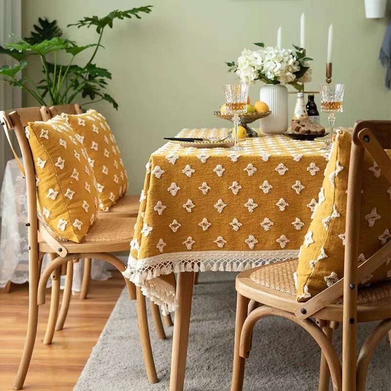 Yellow Diamond Floral Tassel Table Cloth - FINAL SALE